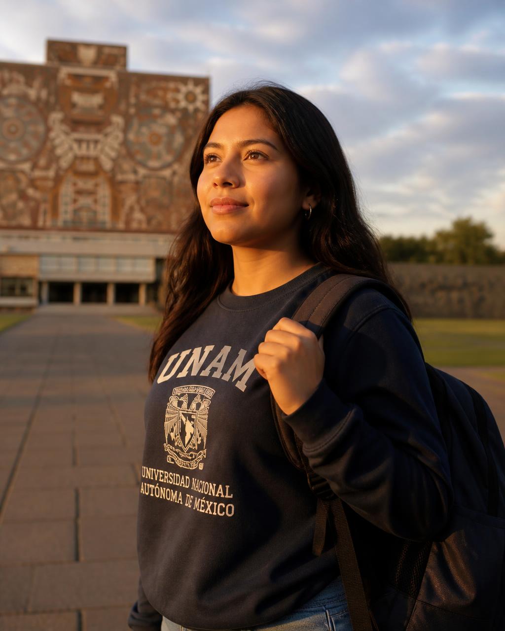 Estudiante mexicana en el campus universitario al atardecer